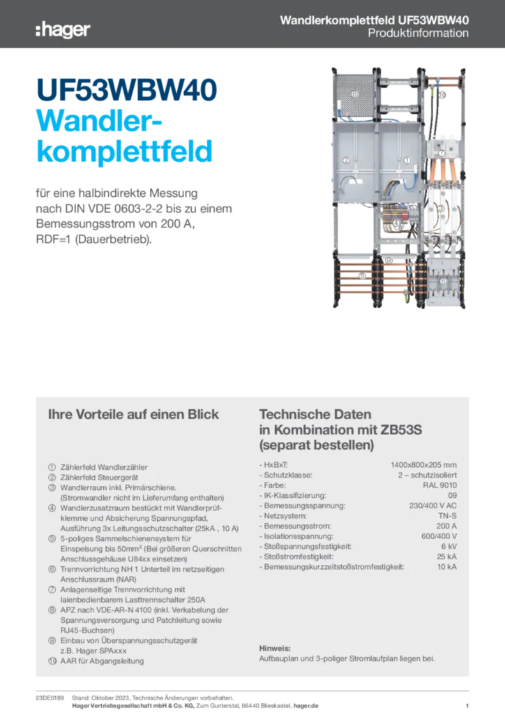 Bild UF53WBW40 Wandlerkomplettfeld | Hager Deutschland