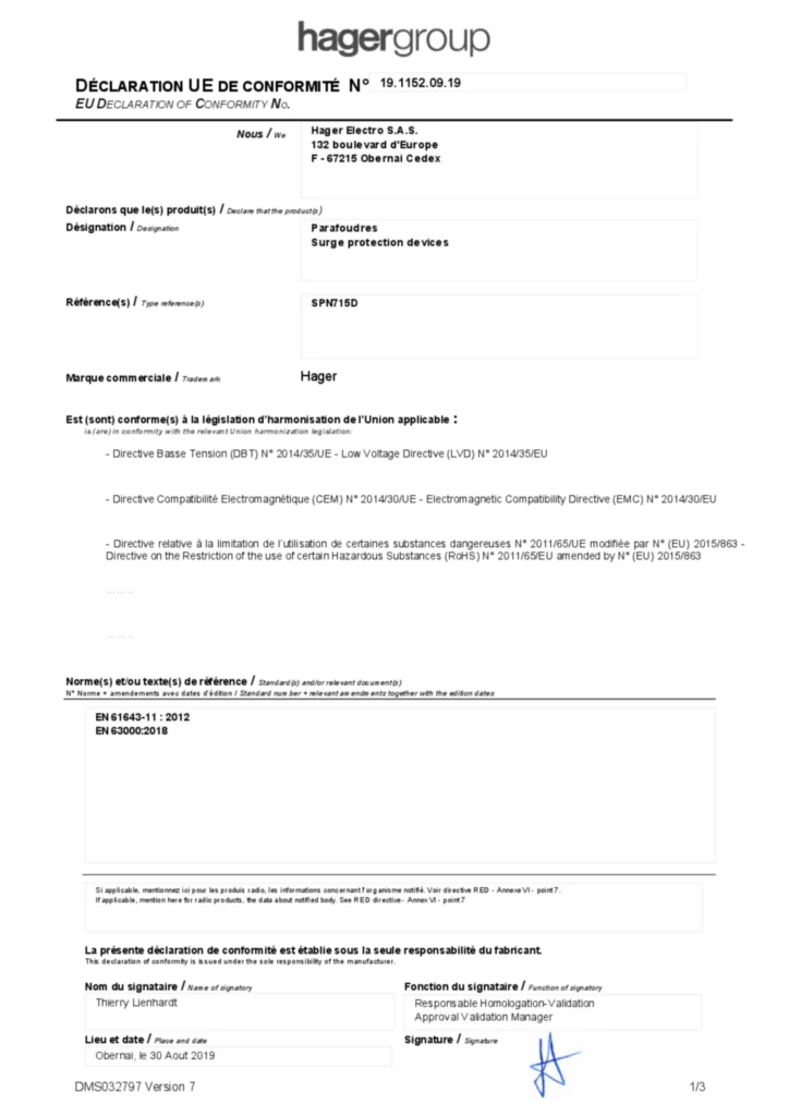 Image Déclaration de conformité en-GB, fr-FR 2019-09-09 | Hager France