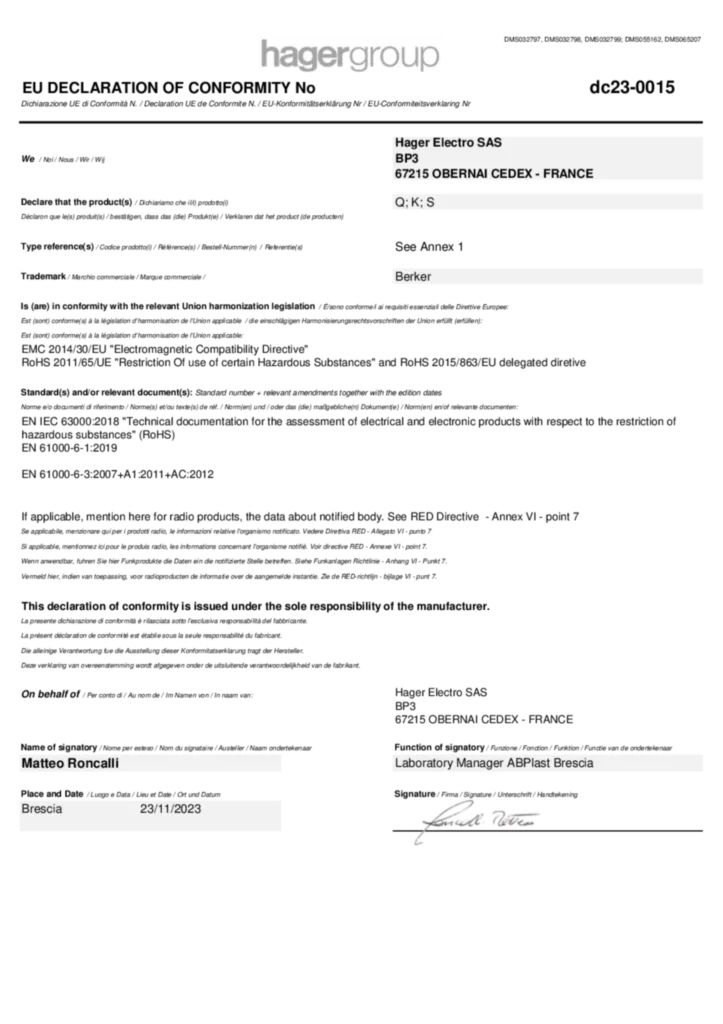 Bild Konformitätserklärung en-GB, it-IT, fr-FR, de-DE 2023-11-23 | Hager Deutschland