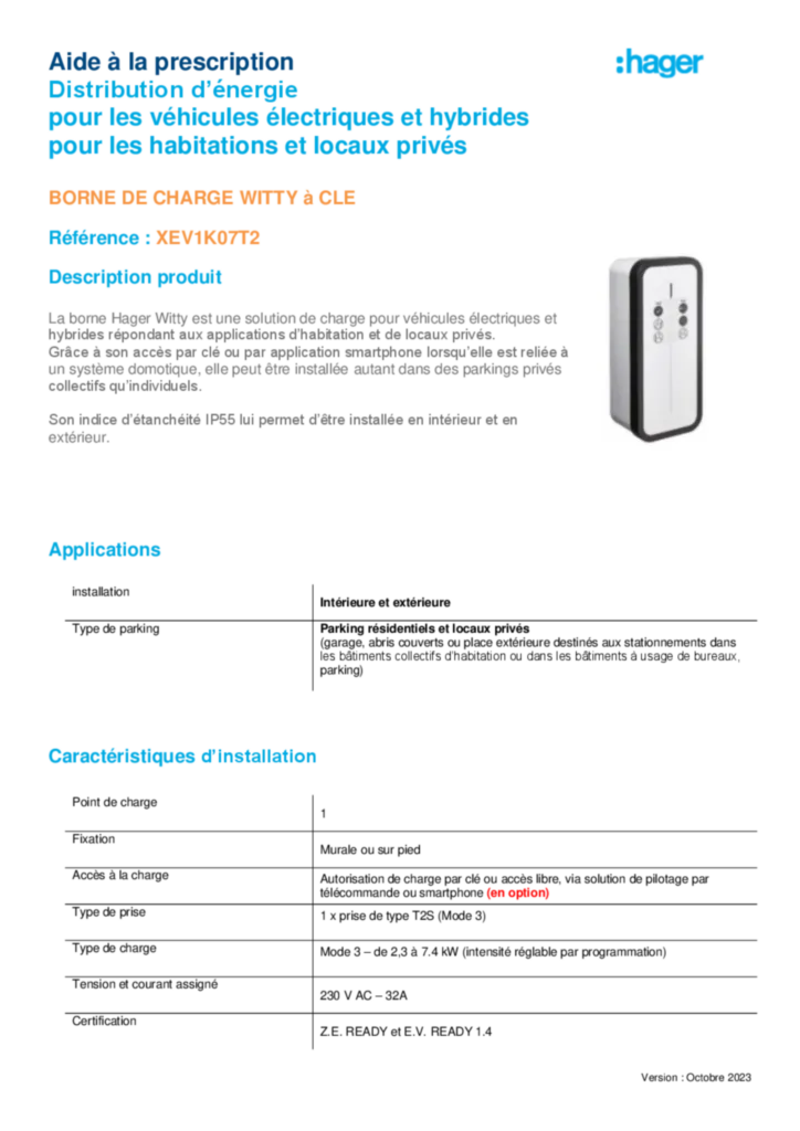 Image Borne de charge witty start XEV1K07T2 - Fiche Prescription - CCTP | Hager France