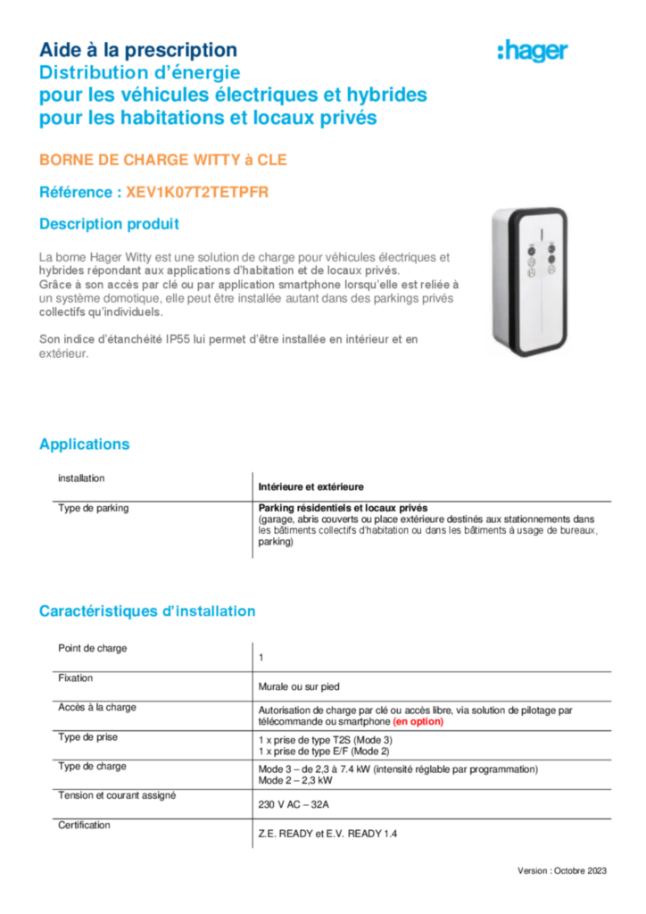 Image Borne de charge witty start XEV1K07T2TETPFR - Fiche Prescription - CCTP | Hager France