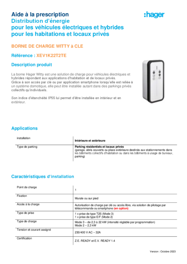 Image Borne de charge witty start XEV1K07T2S - Fiche Prescription - CCTP | Hager France