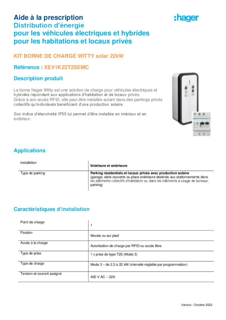 Image Borne de charge witty solar XEV1K22T2SEMC - Fiche Prescription - CCTP | Hager France