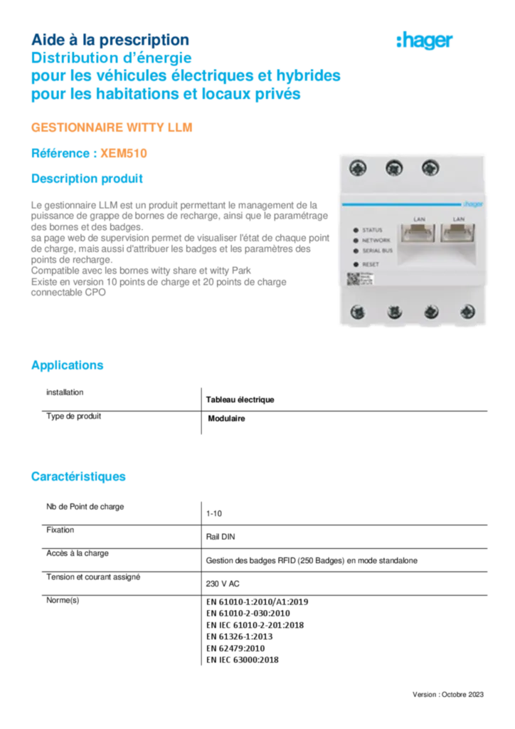 Image Borne de charge - Gestionnaire LLM XEM510 - Fiche Prescription - CCTP | Hager France