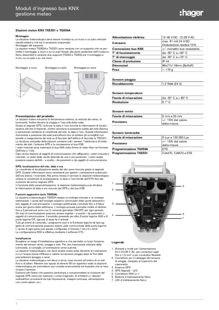 Immagine Gestione meteo TXE531  - Inserto tecnico | Hager Italia