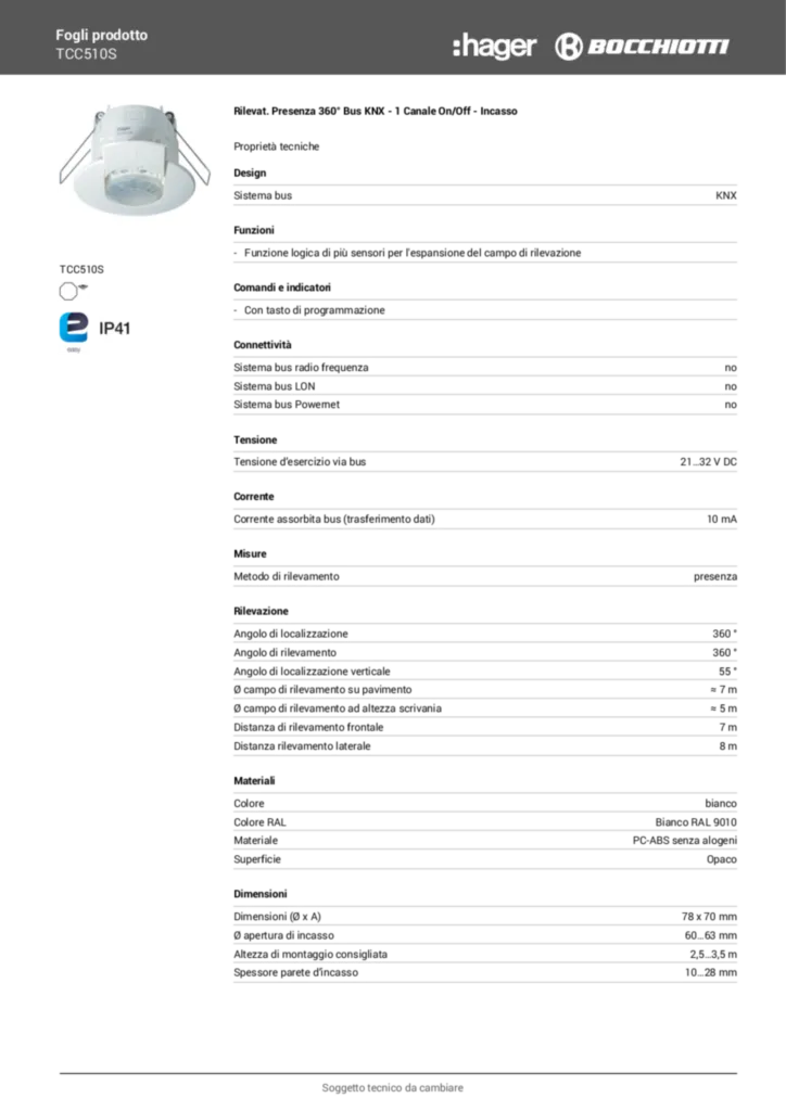 Immagine Rilevatore di presenza 360° Bus KNX - TCC510S - scheda tecnica | Hager Italia