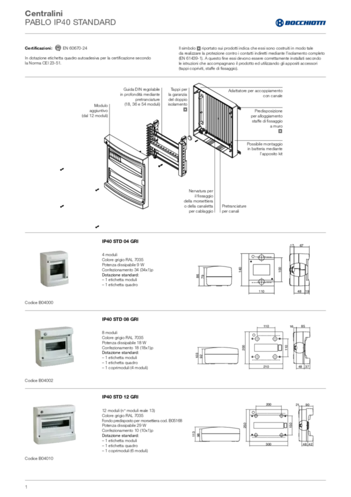 Immagine Disegni quotati Centralino Pablo IP40 standard | Hager Italia