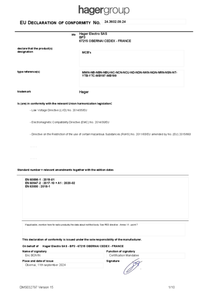 Image Déclaration de conformité  2024-10-02 | Hager Suisse