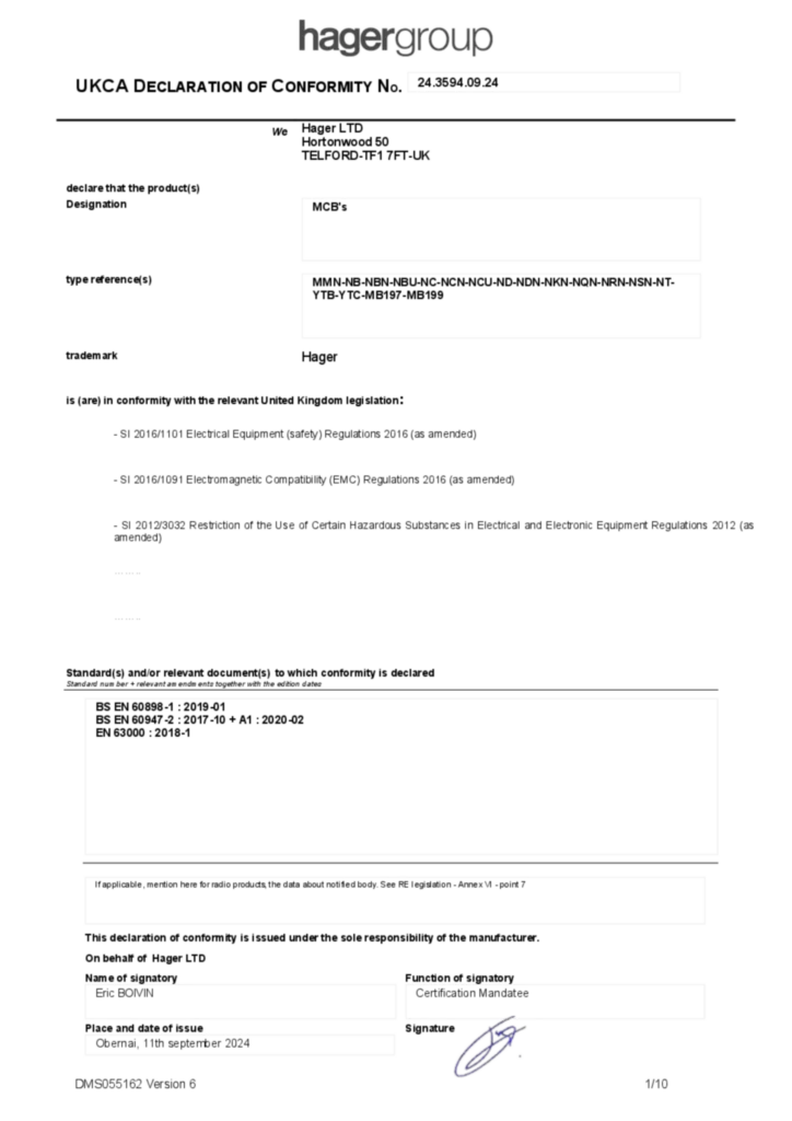 Image Déclaration de conformité  2024-10-02 | Hager Suisse