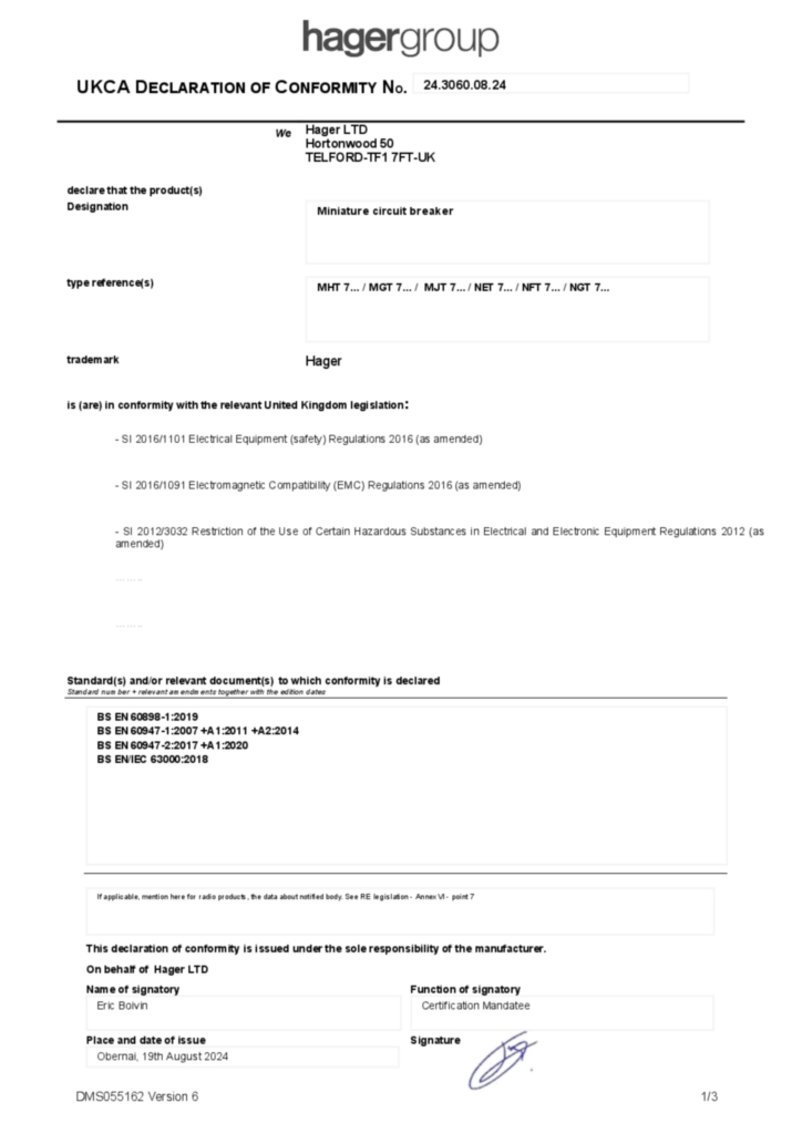 Imagem Declaração de conformidade  2024-08-19 | Hager Portugal