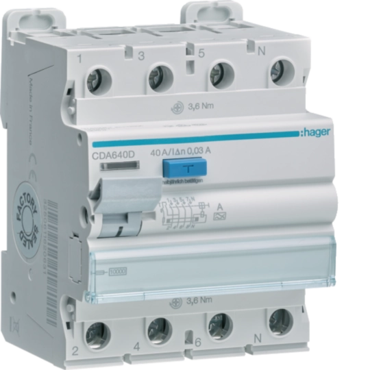 CDA640D - Fehlerstromschutzschalter / FI-Schalter, 4-polig, 10kA, 40A, 30mA, Typ A