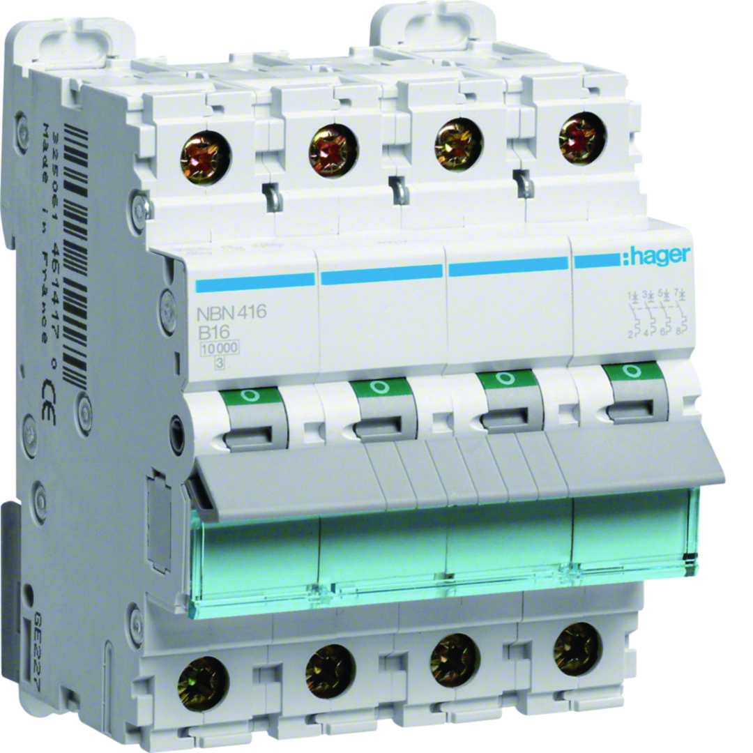 Kismegszakító 4P 16A B-jelleg 400V AC 10kA/60898 30kA/60947 NB Hager