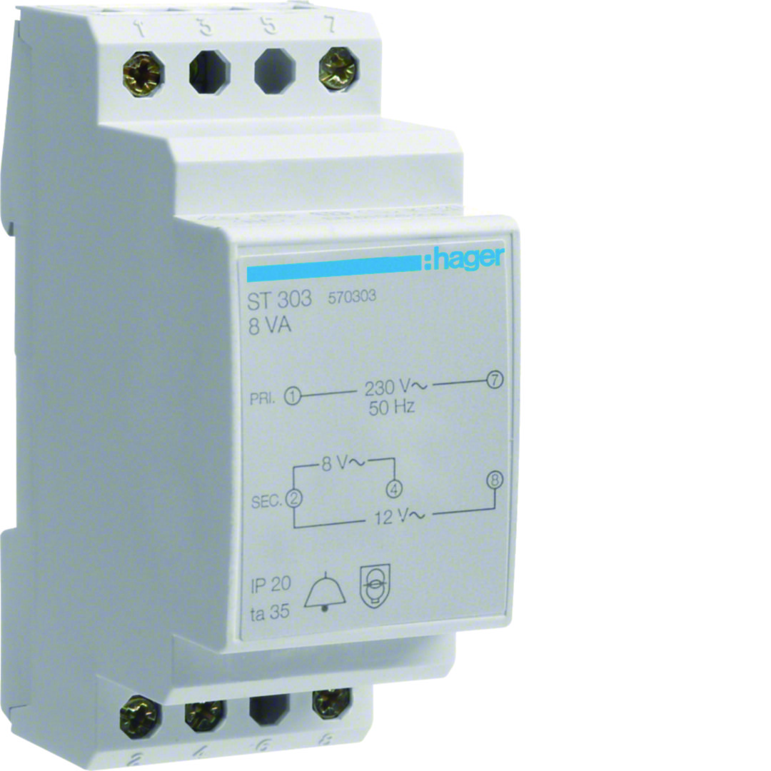 Csengőtranszformátor 1F 8VA sorolható 230V/ 8V/ 1A 12V/ 0.67A 2M ST Hager