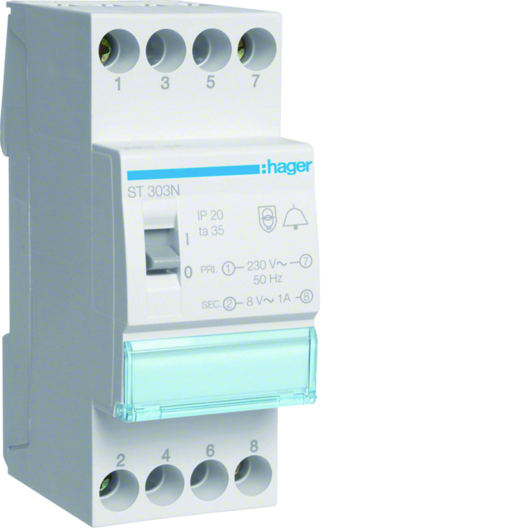 Csengőtranszformátor 1F 8VA sorolható 230V/ 8V/ 1A 2M ST Hager