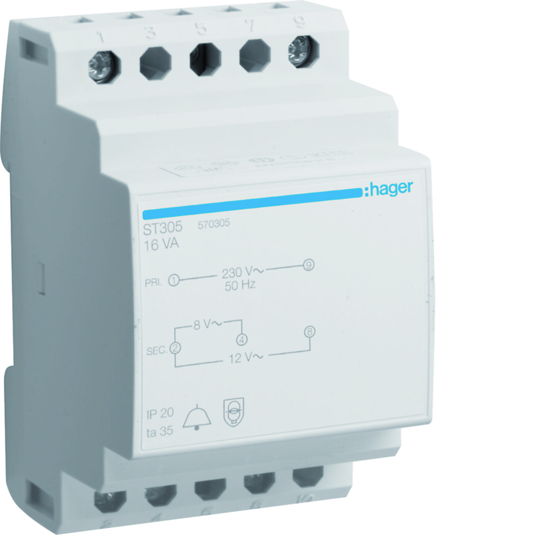 Csengőtranszformátor 1F 16VA sorolható 230V/ 8V/ 2A 12V/ 1.33A 3M ST Hager