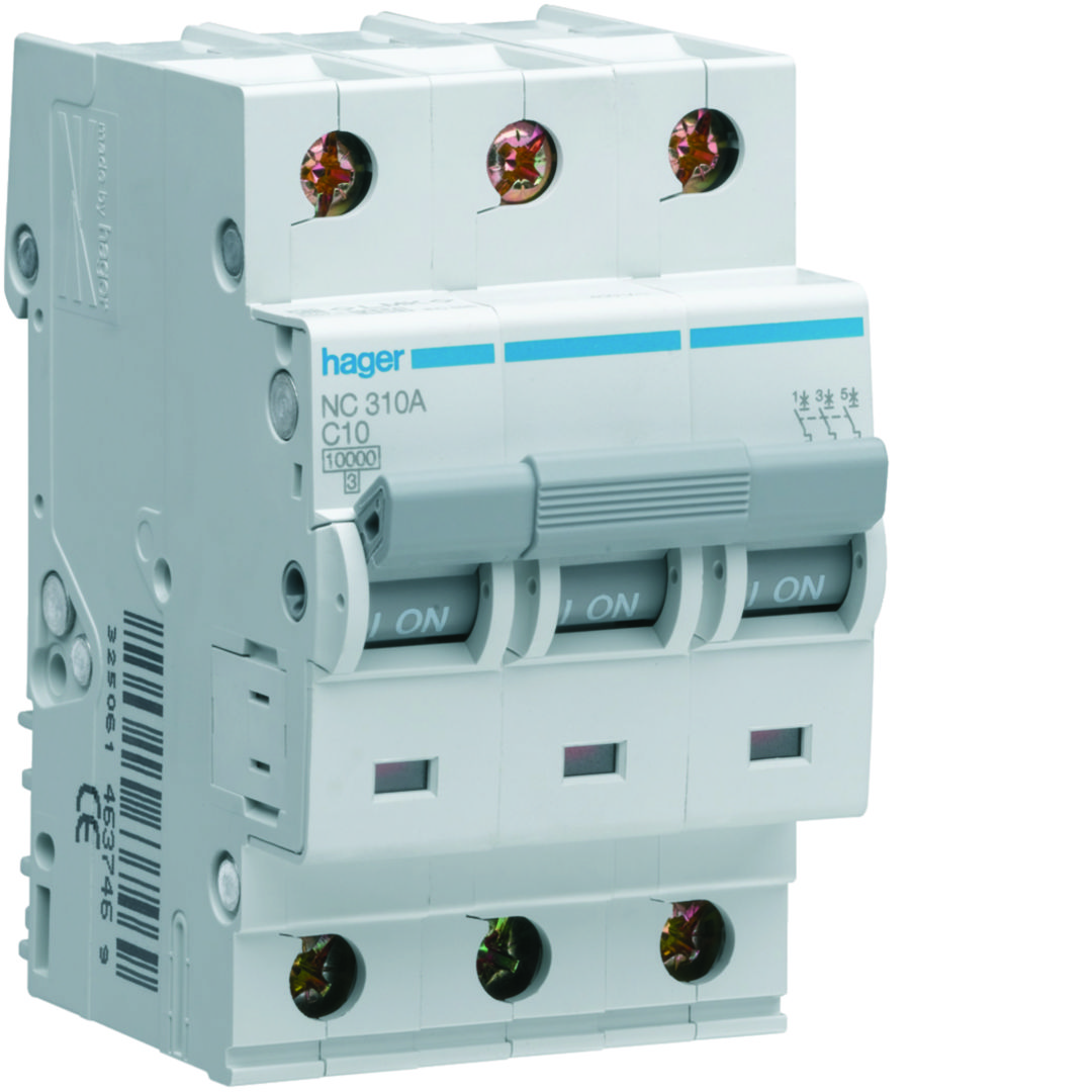 Kismegszakító 3P 10A C-jelleg 400V AC 10kA/60947 NC Hager