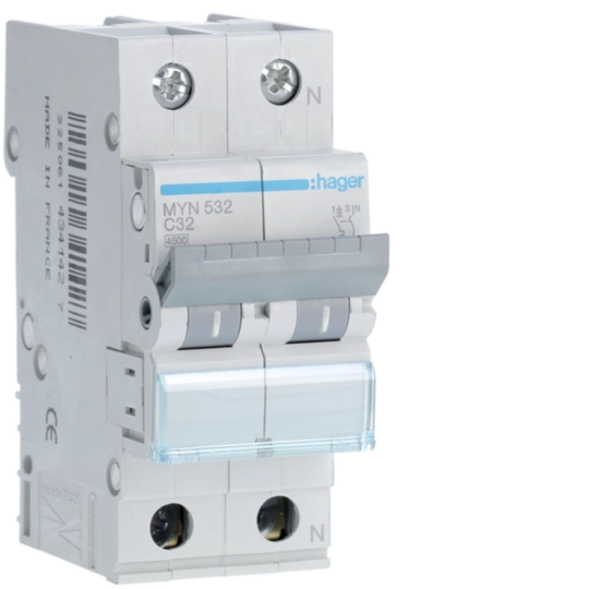 MYN532 - Interruttore Automatico Magnetotermico 1 Polo+N 32 A 4.5 Ka Curva C 2 M. Din