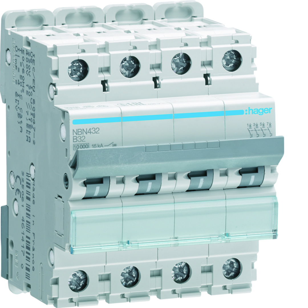 Kismegszakító 4P 32A B-jelleg 400V AC 10kA/60898 30kA/60947 NB Hager