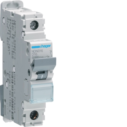 NDN016 - Leitungsschutzschalter Hager MCB 1P 230V Typ D 16A Icn 10kA 1TE