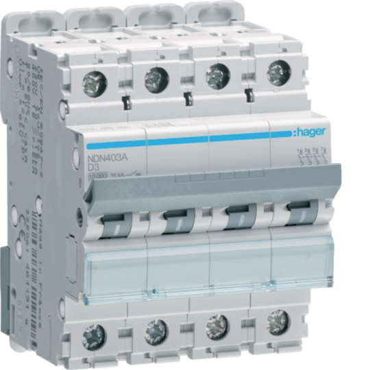 NDN403A - Interruttore Automatico Magnetotermico 4 Poli 3 A 10 Ka Curva D 4 M. Din