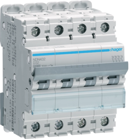NDN432 - Disjoncteur Hager MCB 4P 415V type D 32A 10kA Icu 15kA 4UM