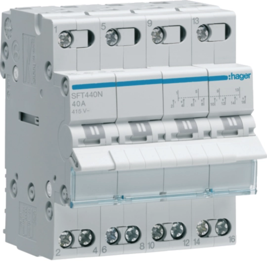 SFT440N - 4-pole, 40A Centre Off Modular Changeover Switch with Top Common Point