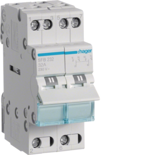 Handmatige Omschakelaar Dubbele Voeding 230VAC 63A 2P - DIN-Rail Montage