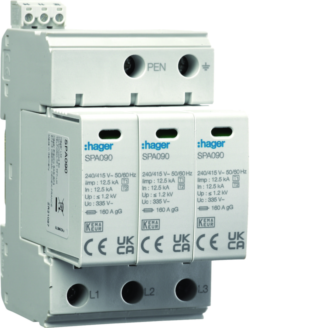 Túlfeszültség-levezető kombi dugaszolható 3P T1+T2 TNC 415V/AC 3M 12.5kA-imp(10/350) SPA Hager