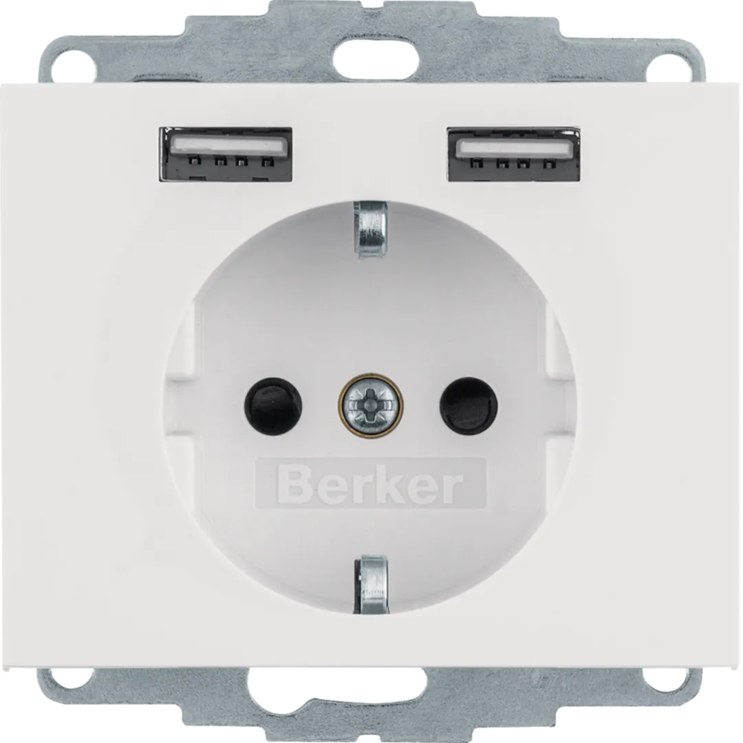 48037009 - K.1 Gniazdo SCHUKO z gniazdem ładowania USB 2,4 A; samozaciski; biały połysk