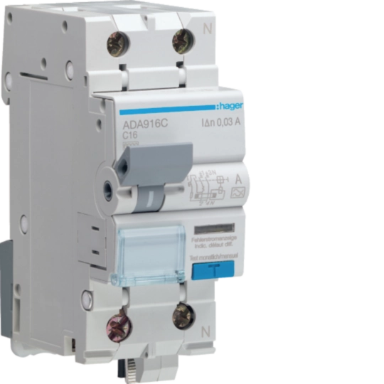 ADA916C - FI/LS-Schalter Hager RCBO 2P 230V Charakteristik C 16A 0.03A Typ A 2TE