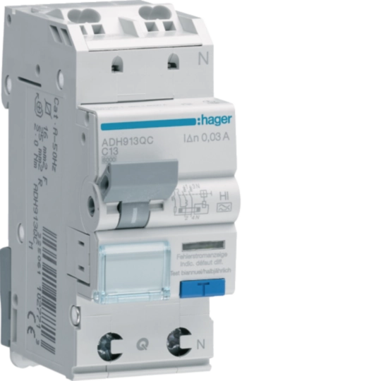 ADH913QC - Fehlerstrom-Leitungsschutzschalter 1P+N 6kA C-13A 30mA Typ A HI QC&QB