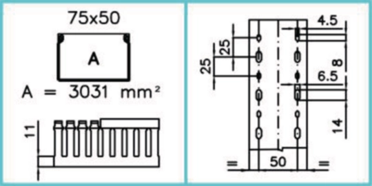 B00212 - Canaletta per cablaggio HF modulo 12,5 feritoia 5 grigio chiaro TD-HF 75X50 LG