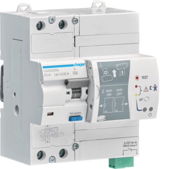 CDA225RA - Jordfelsbrytare självåterställande &amp; självtestande, 2-polig, 25A, 30mA felström
