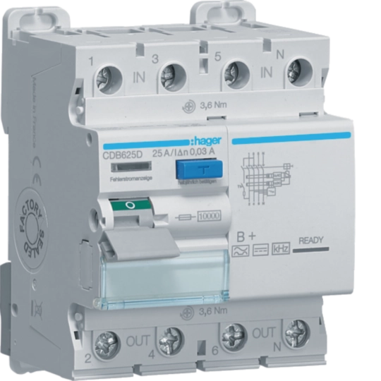 CDB625D - Proudový chránič 4 pól. 25A / 0,03 A, typ B+, 10 kA