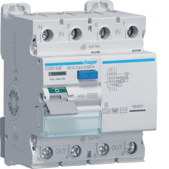 CDB740F - Interrupteur différentiel 40A 30mA 3P+N type B à bornes alignées