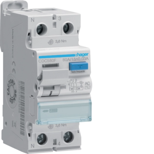 CDC580F - Interrupteur différentiel 1P+N 80A 30mA type AC