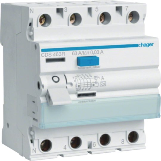 CDS463R - Jordfelsbrytare typ A med snabbanslutning 4-polig 63A, 30mA felström, 6kA
