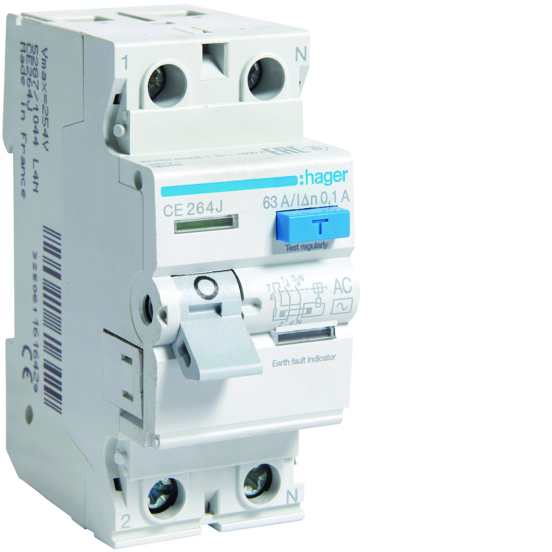 Áram-védőkapcsoló (Fi-relé) analóg 2P 63A 100mA AC-típus 6kA CE Hager