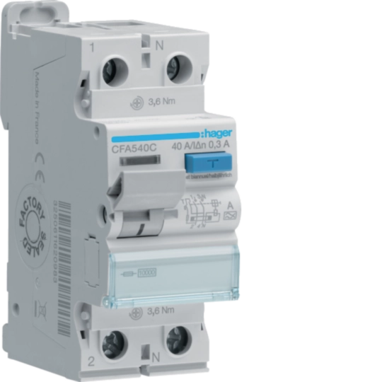 CFA540C - Fehlerstrom-Schutzschalter Hager RCCB (RCD) 2P 230V 0.3A Typ A 40A 10kA 2TE