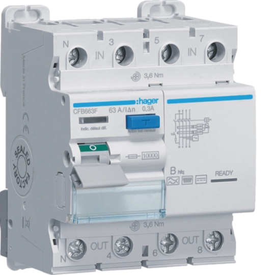 CFB663F - Interrupteur différentiel 63A 300mA 3P+N type B hfq à bornes alignées
