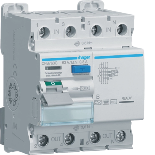 CFB763C - Interrupteur différentiel Hager RCCB (RCD) 4P 400V 0.3A type B 63A 10kA 4UM