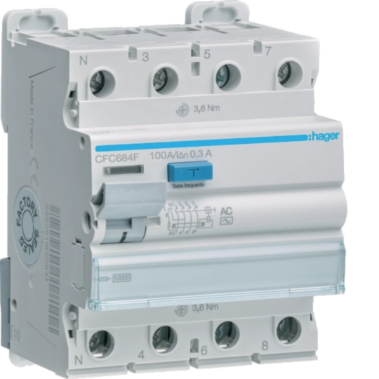 CFC684F - Interrupteur différentiel 100A 300mA 3P+N type AC à bornes alignées