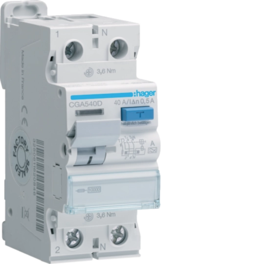 CGA540D - Fehlerstromschutzschalter 2 polig 10kA 40A 500mA Typ A