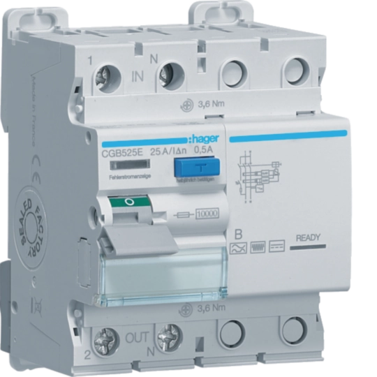 CGB525E - INTERRUTTORE DIFFERENZIALE ACCESSORIABILE 2POLI 500MA 25A TIPO B 4MOD