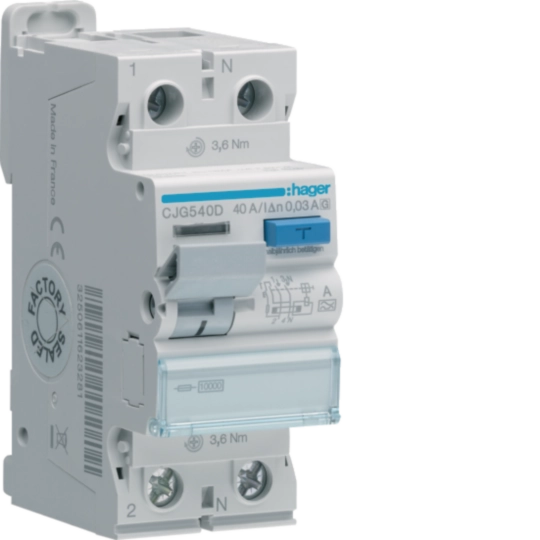 CJG540D - Proudový chránič 2 pól. 40A / 0,03 A, typ A/G, 10 kA
