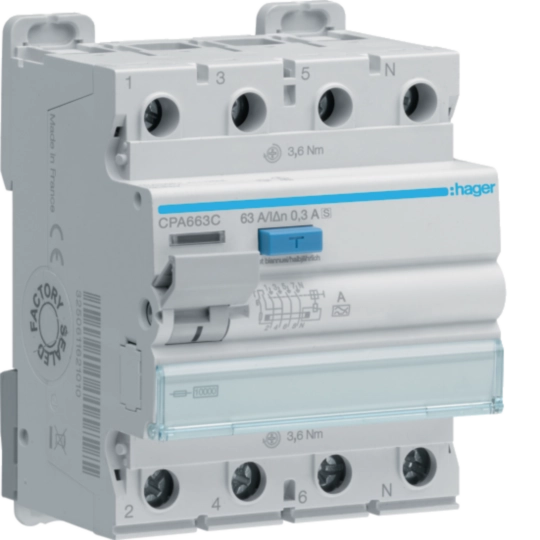 CPA663C - Fehlerstrom-Schutzschalter Hager RCCB (RCD) 4P 400V 0.3A Typ A S 63A 10kA 4TE