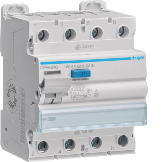 CPA684G - Aardlekschakelaar 4-polig 100 A 300 mA klasse A, selectief
