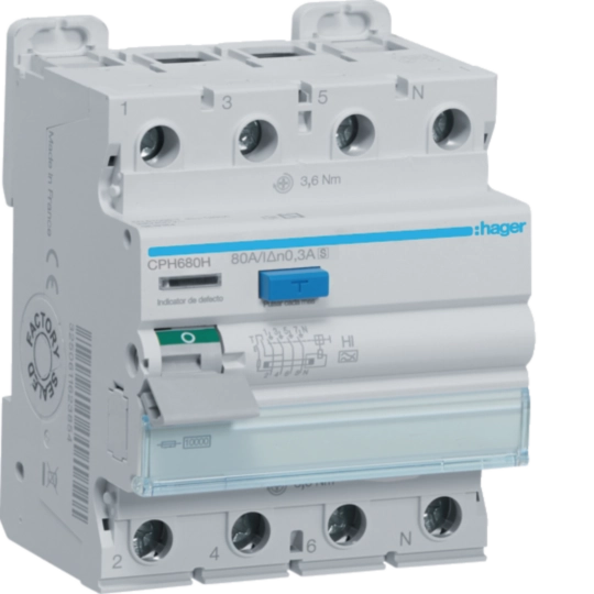 CPH680H - INTERRUTTORE DIFFERENZIALE ACCESSORIABILE 4P 300MA 80A TIPO A HI SEL 4M