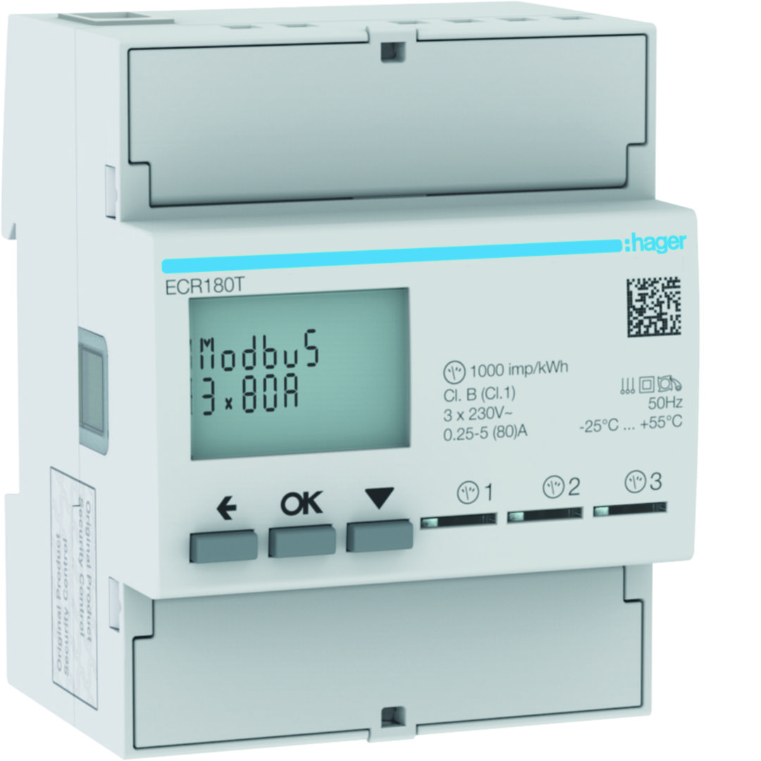 Fogyasztásmérő 1F impulzusadós LCD MID Modbus 80A direkt elektronikus 92-276V 1-fázis ECR Hager
