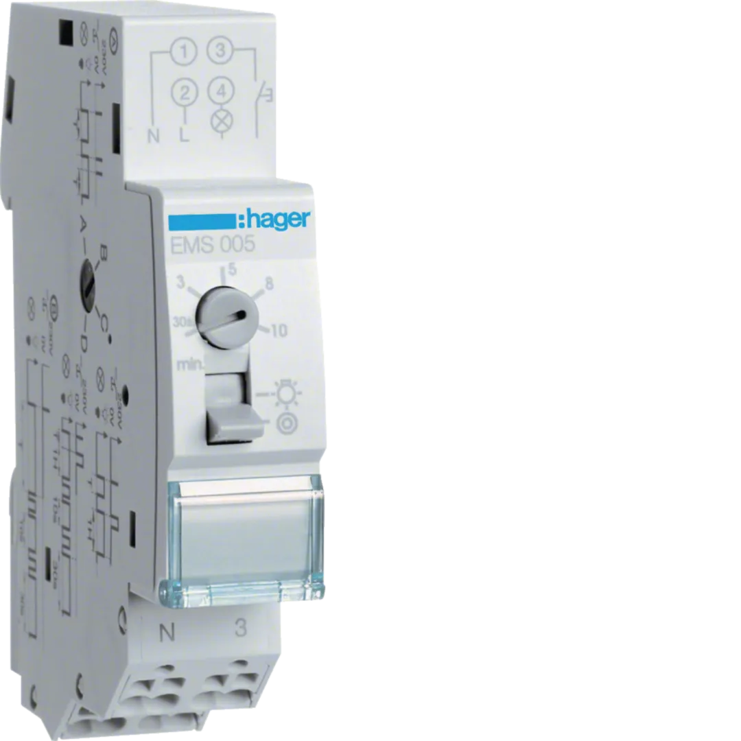 EMS005 - Wyłącznik schodowy z sygnalizacją wyłączenia 30s-10min/1h 230V 1NO 16A